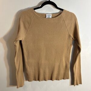 LAURA ASHLEY Sz M Ribbed Crew Neck Top 100% Cotton Ragan Sleeve Long Sleeve
